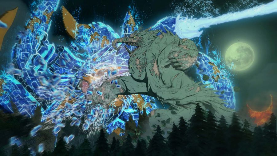 A scene from NARUTO SHIPPUDEN: Ultimate Ninja STORM 4 which shows a pair of colossal beasts firing ultimate attacks at each other.