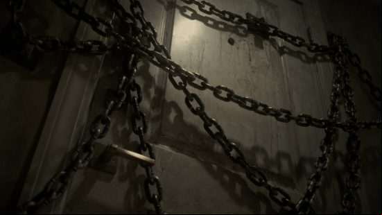The door to Henry's apartment is chained shut from the inside.