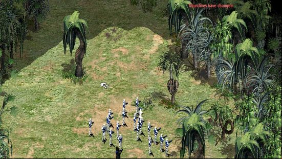 A platoon of stormtroopers entering a forest in Star Wars Galactic Battlegrounds.