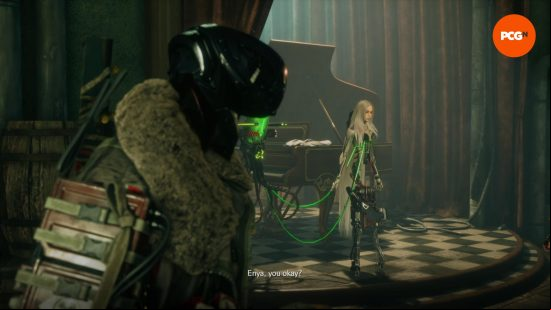 Stellar Blade impressions: Su asks after Enya's wellbeing in a cutscene at the beginning of their side quest.