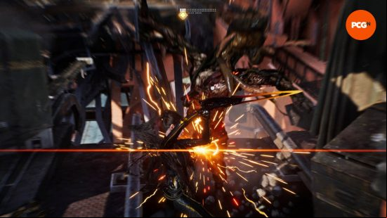 Stellar Blade impressions: Eve expertly lands a counter during combat, visualized as a burst of orange light.