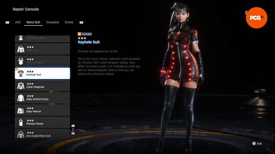 Stellar Blade impressions: Eve dressed in one of her many provocative outfits, this one characterized by black latex and red LED lights.
