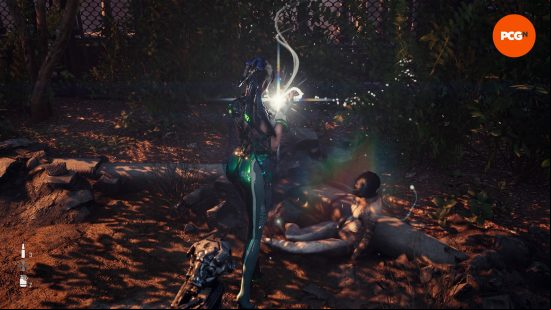 Stellar Blade impressions: Eve retrieves an upgrade from a fallen corpse in the field.