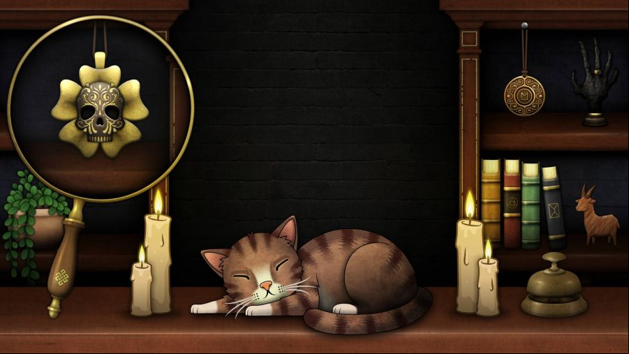Strange Antiquities: A small, brown cat sits sleeping on a shelf, surrounded by candles and a huge, skull-like ornament under a microscope in the left corner