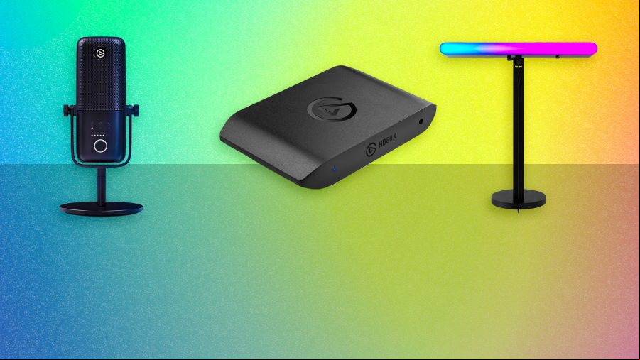 A streaming microphone, capture care and light against a bright RGB background