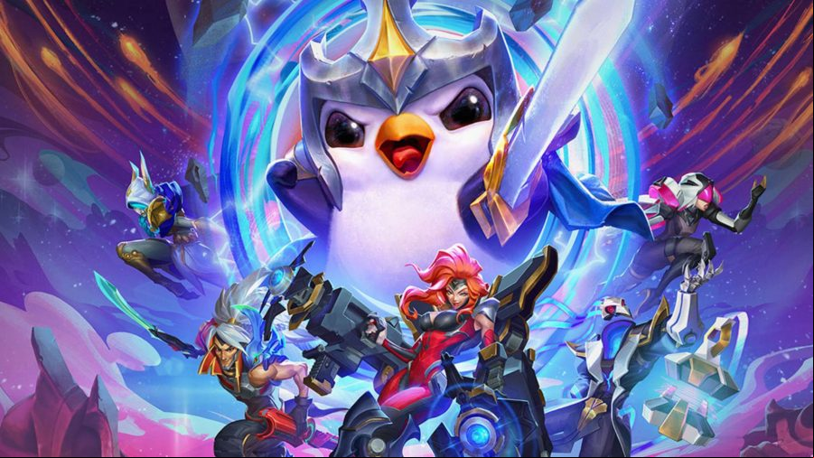 Teamfight Tactics: A group of TFT characters, including a huge penguin with a crown and sword, rush towards the camera from a big silver portal