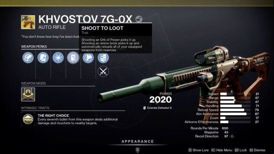 The Final Shape exotics: Khvostov 7g-0x in the weapon inspection screen