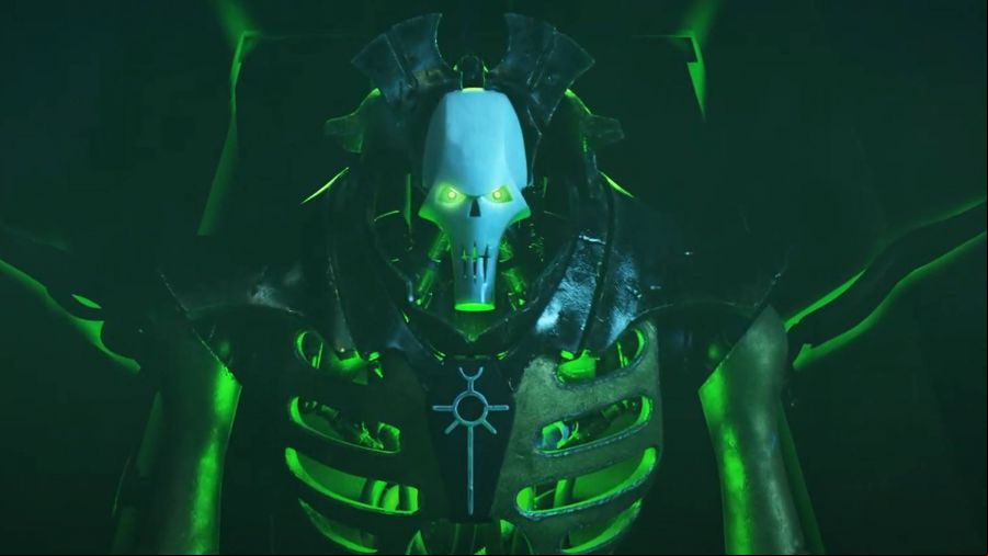 Warhammer 40k: Mechanicus 2: A Skeletal robot creature with glowing green eyes looks into the camera