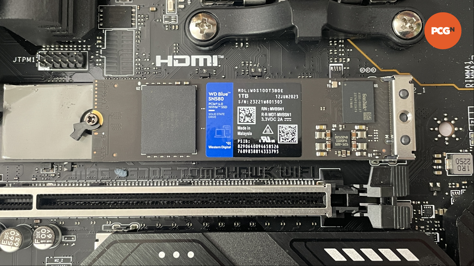 The SN580 SSD seated in the NVME slot in the motherboard