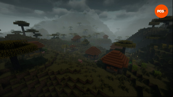A gloomy, grey Minecraft world using Spooklementary, one of the best Minecraft shaders.