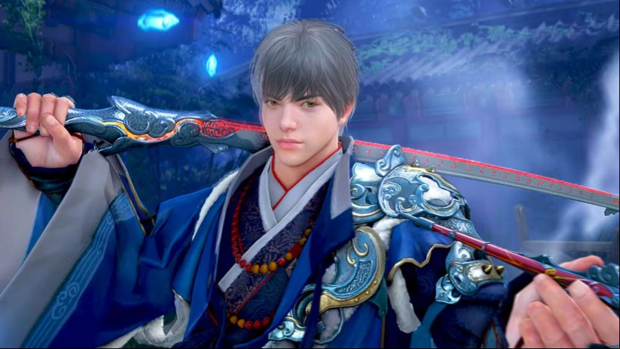 Black Desert Online Dosa: a man with silver hair in a blue robe, with a sword across the back of their neck and a pipe in hand