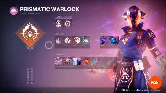 Destiny 2 Prismatic builds: A Prismatic Warlock build in the setup screen, with the character posing on the right.