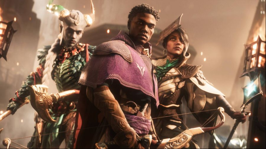 Dragon Age The Veilguard: A black man wearing purple robes stands holding a bow in front of a pretty woman and a horned man