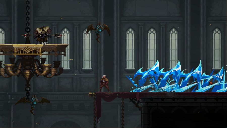 The main character from Dragon is Dead stands in a cathedral with enemies above and blue ice axes plowing a destructive line in front.