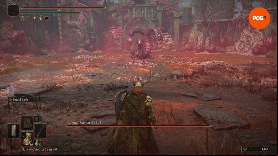 Elden Ring bosses: the Tarnished is about to fight a serpent beast with a scorpion tail and a sword in a field of red flowers.