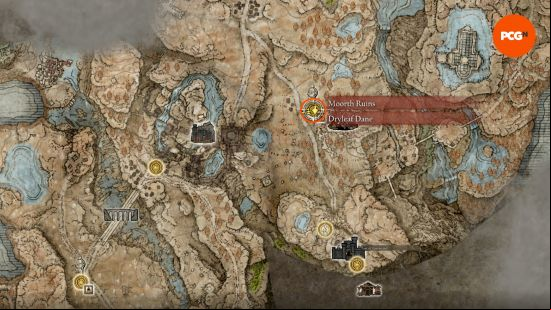 A map showing the location of Dryleaf Dane, and thus the Dryleaf Arts Hand-to-Hand weapon, in Elden Ring Shadow of the Erdtree.