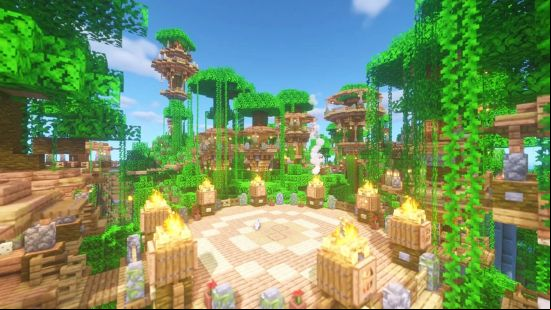 A large central area surrounded by multiple Minecraft treehouses ed by bridges.