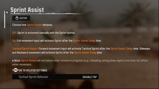 An in-game menu showing the option for sprint assist for Black Ops 6 omnimovement.
