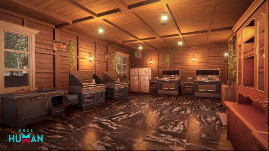 A plush interior of a player-made building in Once Human, complete with multiple cookers and a shiny polished floor.