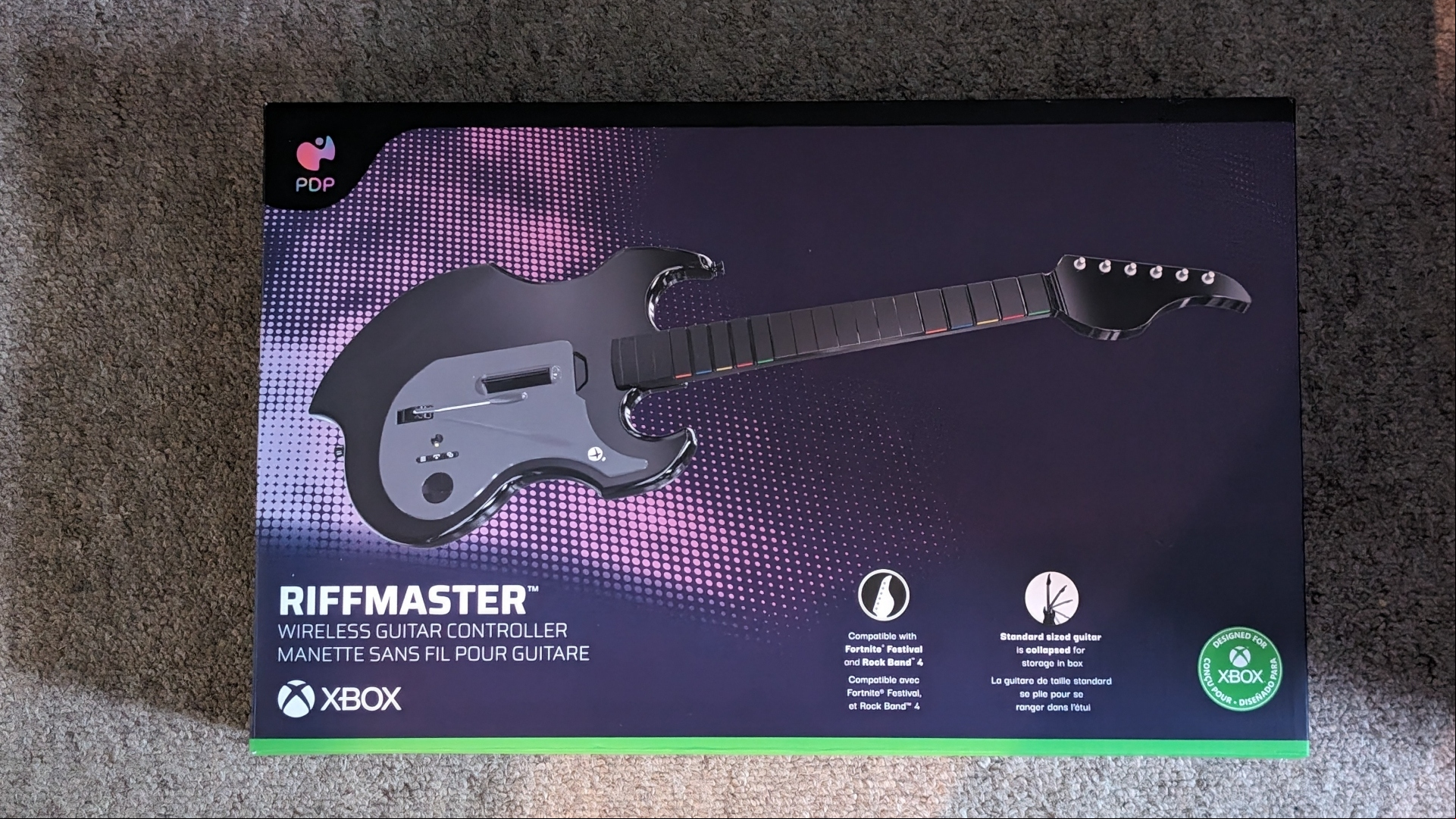PDP Riffmaster Guitar controller review image showing it in a box.