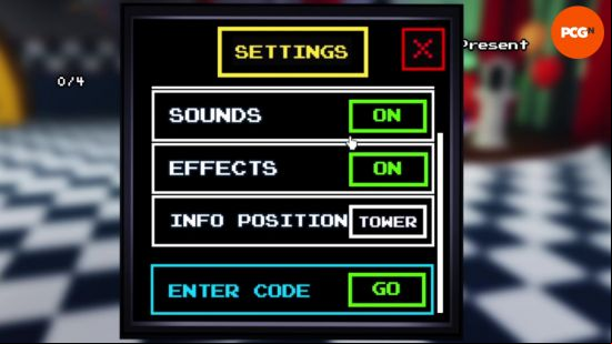 The menu to redeem Five Nights TD codes