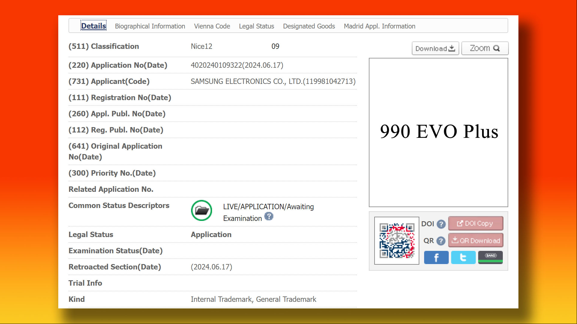 Samsung 990 Evo Plus SSD trademark application