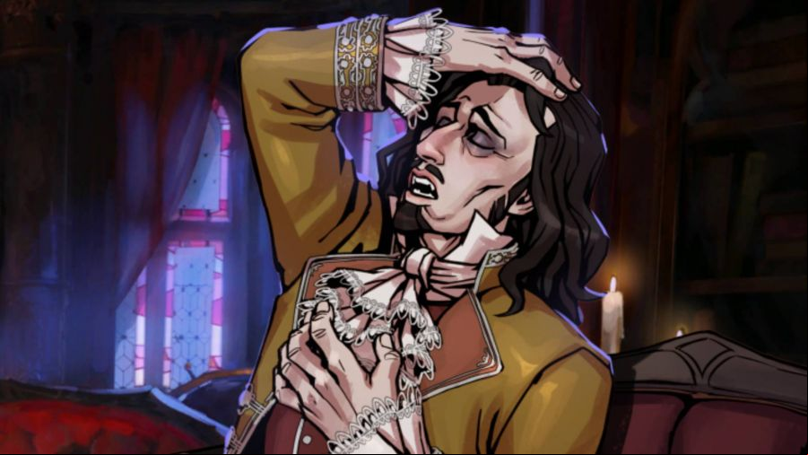 Artwork of an anguished vampire with his hand on his head.