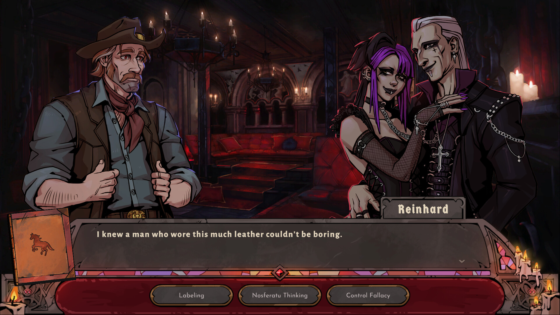 A cowboy stands in a dimly lit room talking to a gothic man and woman about wearing leather