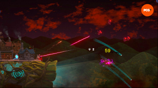 monsters fly down from a dark red sky as balistas and trebuchets fire at them