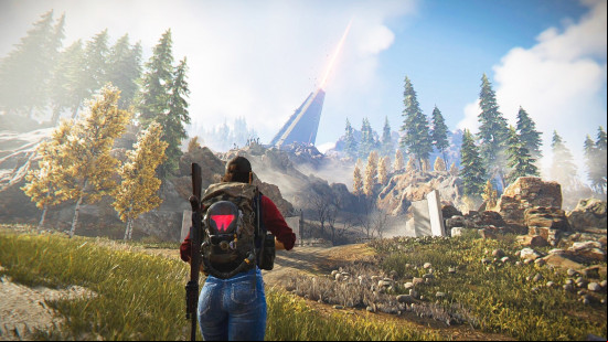 Best free PC games: a Once Human player exploring a lush, green world with a giant structure in the background