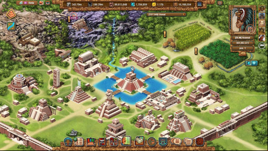 Best idle clicker games: Tentlan. Image shows a sprawling Mayan civilization. 