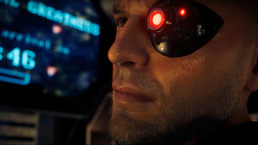 Close up of a man with a robotic eye in Carbonflesh.