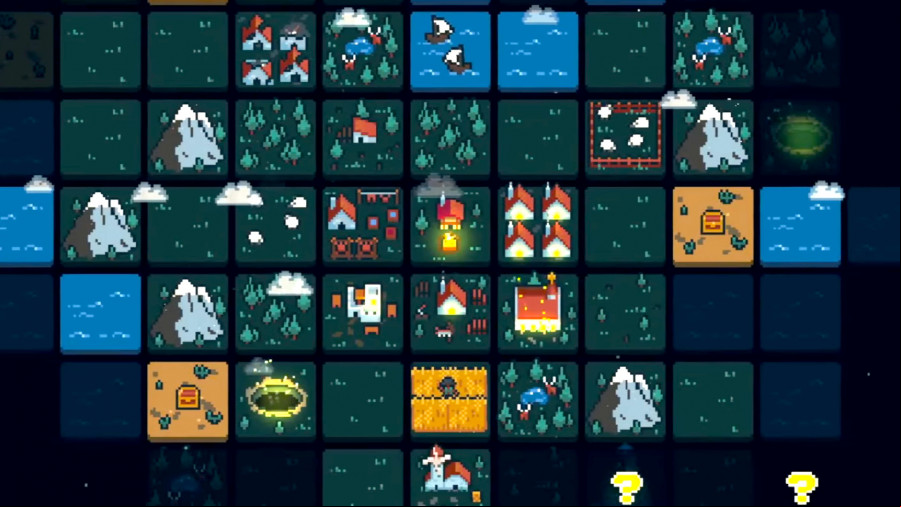 tiles in a pizelated city building game showing wheat fields, tents, and forests