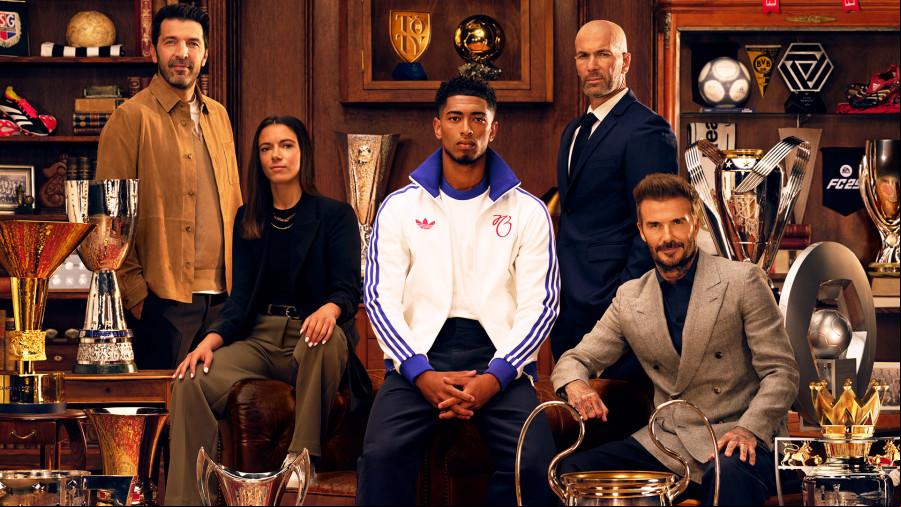 EA FC 25: a group of famous soccer stars surrounded by trophies
