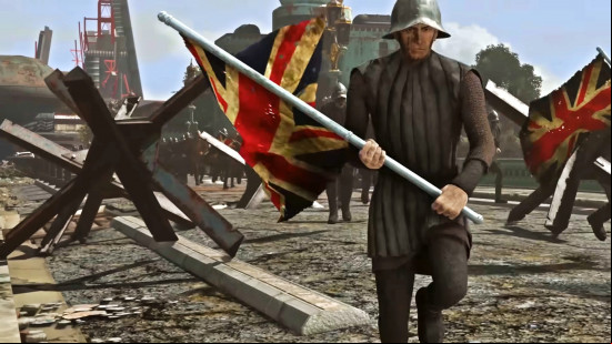A soldier charges across a battlefield while flying the Union Jack in Fallout London, a mod that required a Fallout 4 downgrade.