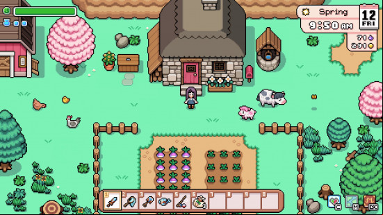 The pixel, pastel, top-down world of Fields of Mistria, a Stardew Valley-like farming game.