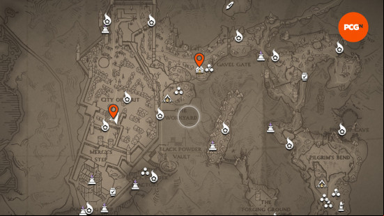 orange roundels showing where to farm in writ and gavel gate flintlock