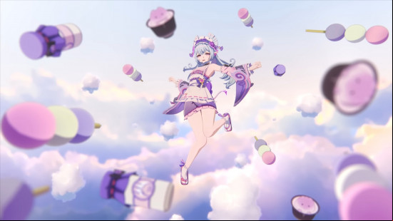Genshin Impact screenshot showing Yumemizuki Mizuki floating through the clouds surrounded by food.