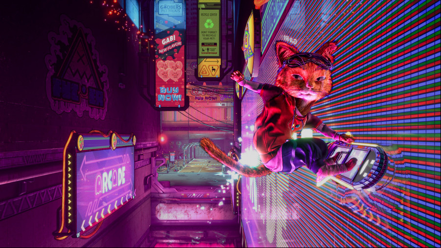 The main character grinds on a wall on a hoverboard.