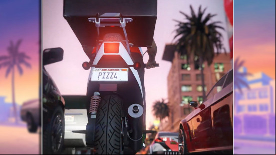 GTA 6 trailer release date theory: A screenshot from the GTA Online pizza delivery mission promotional video shows a low-angled shot of a license plate on the back of a scooter, which reads "PIZZ4".