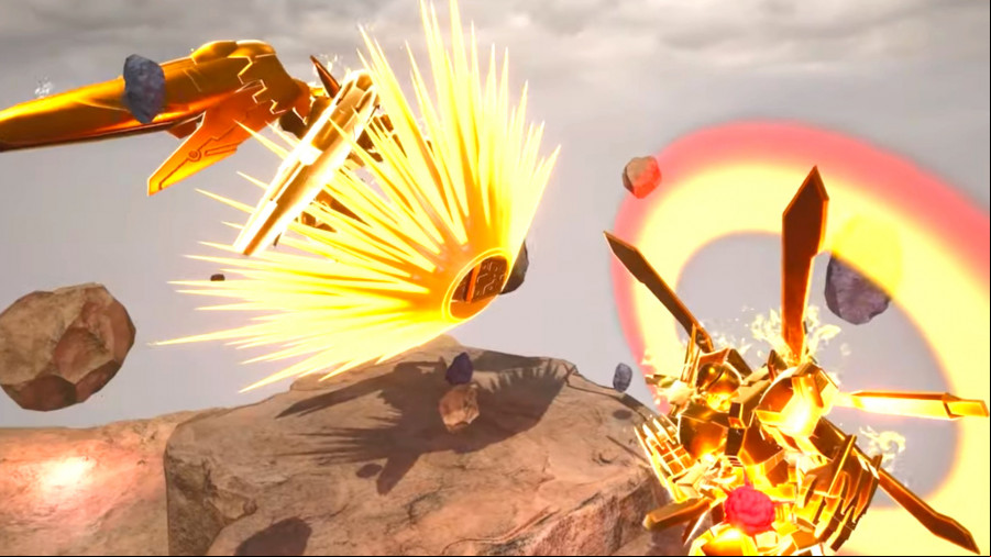 two gundam posed in a digital diorama in fighting positions