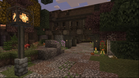 A gloomy, gothic, medieval village brought to life by Excalibur, one of the best Minecraft texture packs for Bedrock edition.