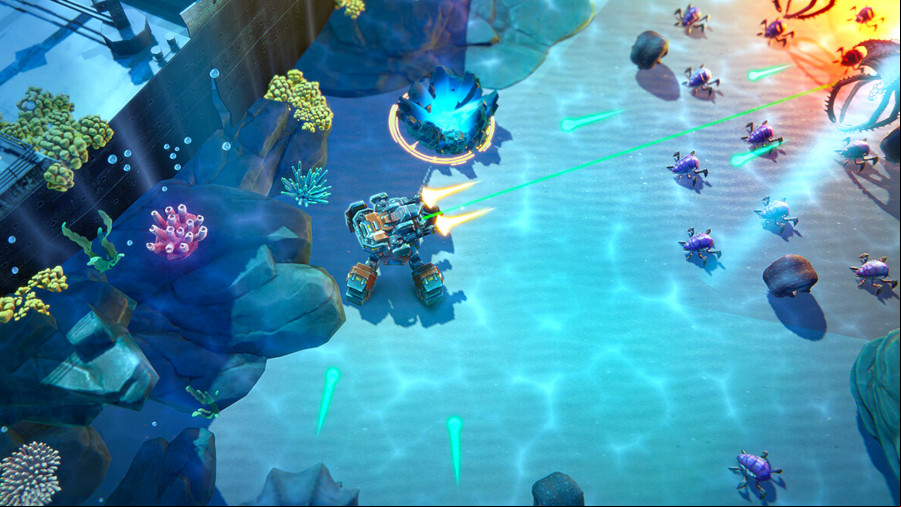an underwater spider mech shoots nasty sea creatures. pew pew