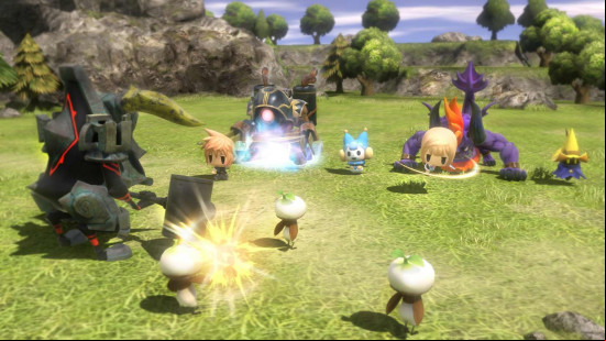 Tiny Final Fantasy character pit their monsters against enemies in World of Final Fantasy, one of the best games like Pokemon on PC.