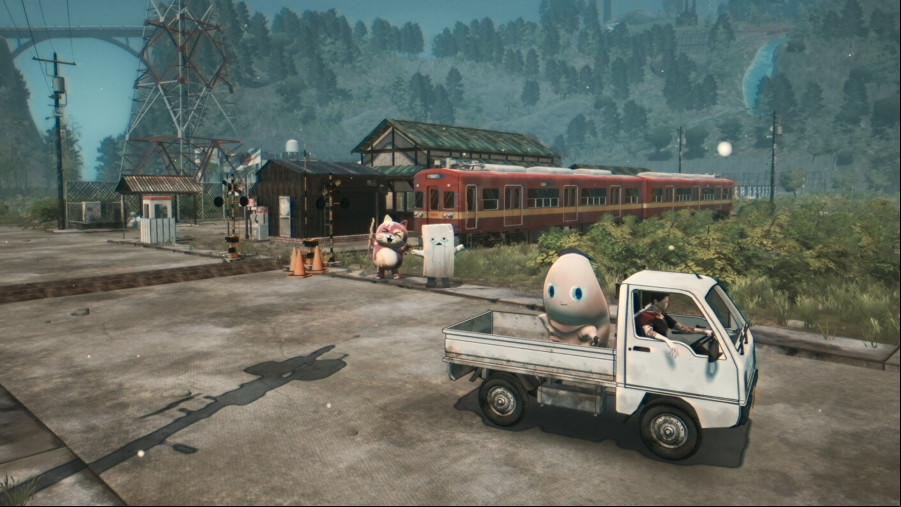 Promise Mascot Agency by Kaizen Game Works - A man in a pickup truck with a mascot in the back drives through a rural Japanese village.