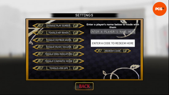 The menu to redeem YBA codes