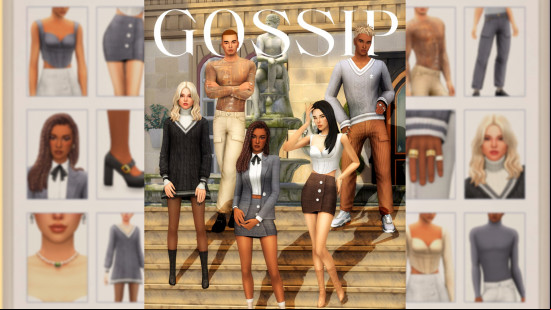 Five Sims pose on the cover of a fashion magazine in a set from Greenllamas, one of the best Sims 4 CC clothes creators.
