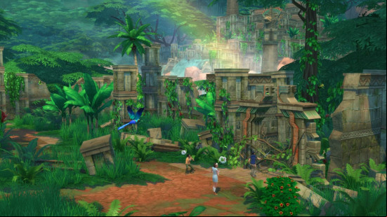 The Sims 4 Cheats: A landscape image from The Sims Jungle Adventure pack, showing stone ruins in a green jungle.