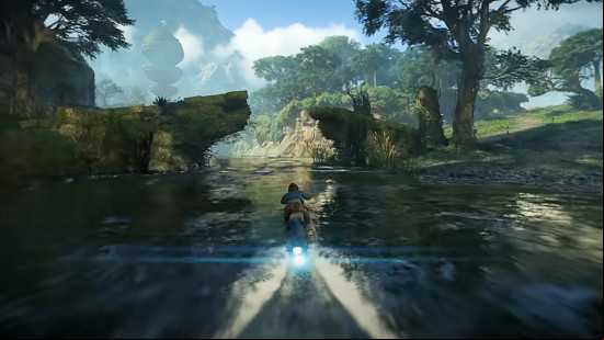 Kay Vass rides through a river on her Speeder through the lush jungles of Akiva, one of the Star Wars Outlaws planets.