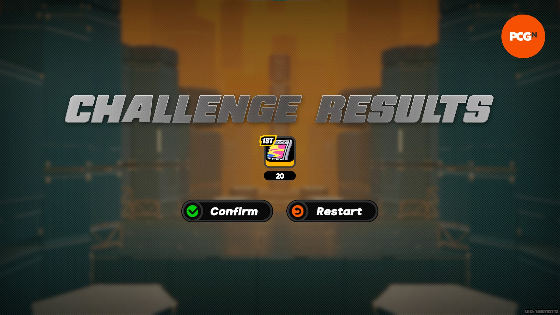 The "Challenge Results" screen after completing an Agent Demo, showing a reward of 20 Zenless Zone Zero Polychrome.